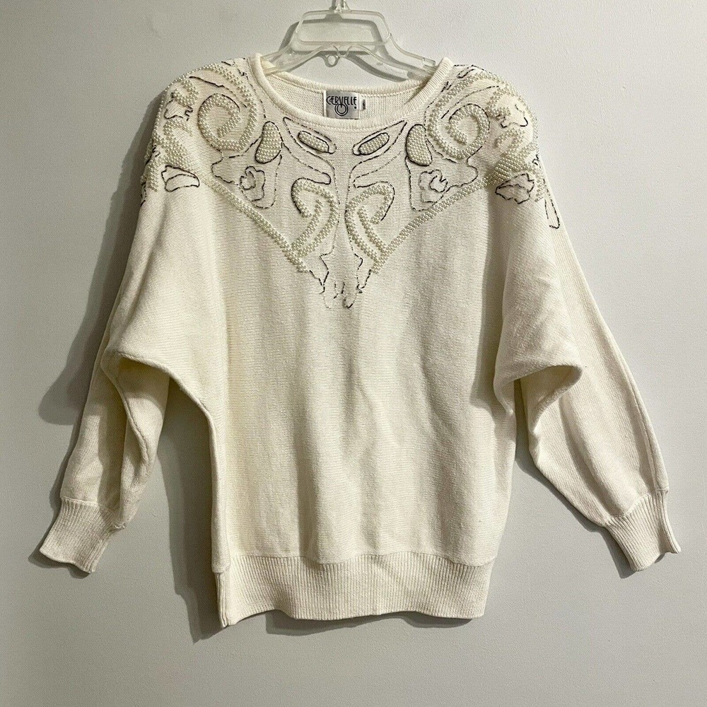 Vintage Tunic Sweater Large Beaded Ivory Cervelle 80s Long Sleeve Boho Preppy